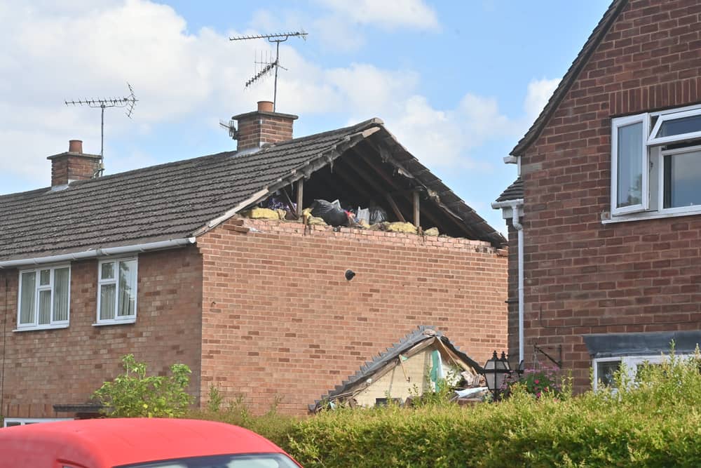 Hartlebury , near Kidderminster and part of a house has come down in Waresley Court Road. On some photos in neighbour: Brian Phillips, who has had his car partly damaged. Apparently Platform Housing based in Solihull look after the damaged house, and pointing work was done on the bricks over a year ago.