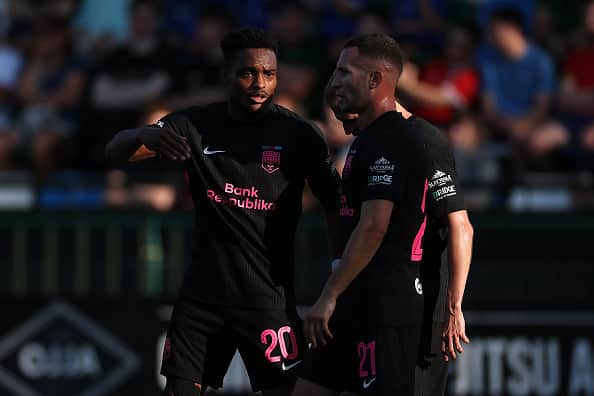 Joy-Lance Mickels of Sabah FK celebrates scoring his sides first goal against The New Saints