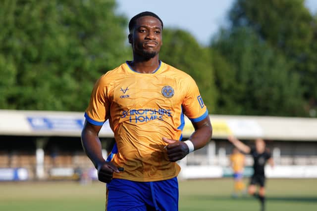New Shrewsbury Town signing Joe Gbode in action at Stafford Rangers