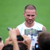 Argentina’s Alexis Mac Allister is interviewed after a training session in Atlanta