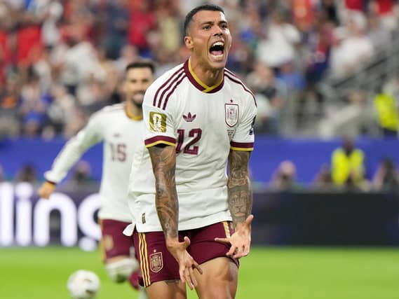 Spain’s Pedro Porro celebrates after scoring his side’s second goal against France