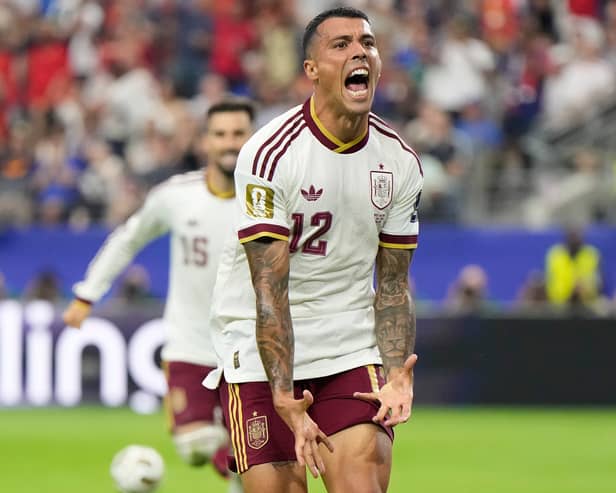 Spain’s Pedro Porro celebrates after scoring his side’s second goal against France