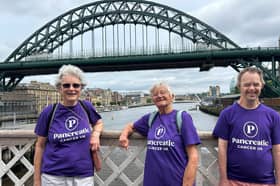 Heather (left) with Frances Robbs and Adam on the Swing Bridge looking towards The Tyne Bridge 