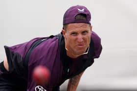 England seamer Brydon Carse bowls in the nets.
