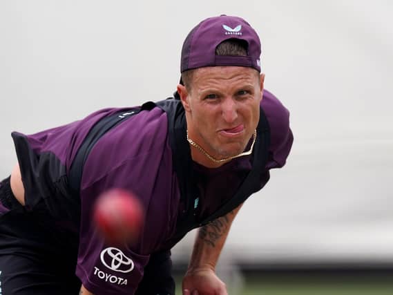 England seamer Brydon Carse bowls in the nets.