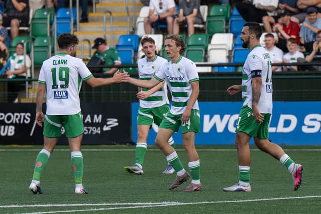 The New Saints' Josh Lock celebrates with his team-mates after scoring on his Uefa Champions League debut. Pic: Football Association of Wales