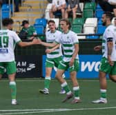 The New Saints' Josh Lock celebrates with his team-mates after scoring on his UEFA Champions League debut. Pic: Football Association of Wales