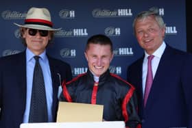 (left to right) Owner George Waud, jockey Tom Marquand and trainer William Haggas