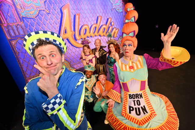 The cast of this year’s Theatre Severn pantomime from left: Damian Patton as PC World, Cara Dudgeon as The Spirit of the Ring, Mark Oxtoby (standing) as Ivan Nochacha, Tommy J Rollason (kneeling) as Charlie and Brad Fitt as Dame Dolly