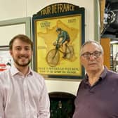 Councillor Glyn Preston, Powys County Council's Cabinet Member for a More Prosperous Powys (left) and trustee Peter Davies with a plaque commemorating the 1925 route of the Tour de France which is among the exhibits at the National Cycle Museum in Llandrindod Wells.
 