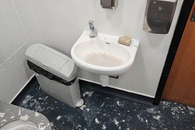 The mess left for cleaning contractors at Station Crescent toilets in Llandrindod Wells