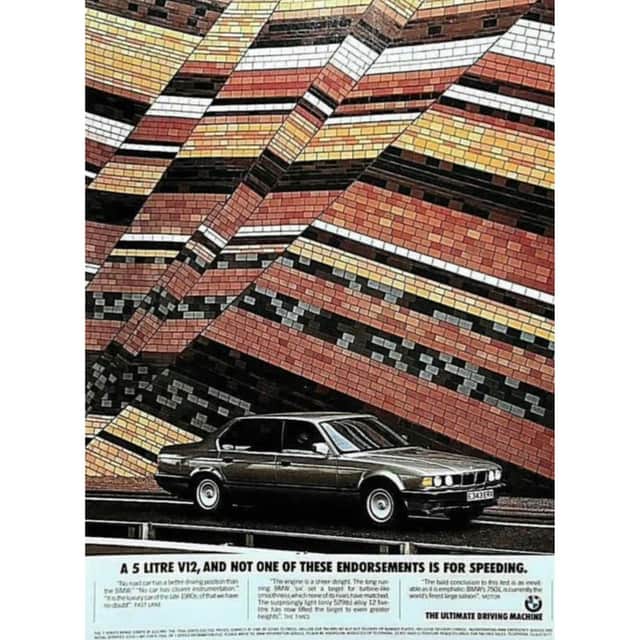 The 1988 BMW magazine advert which used the Telford mosaic as a backdrop