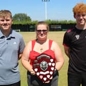 Final rivals in the 18-25 Merit (from left) Ed Proudlove, Tasha Hart (host club secretary), winner Emmet McKinley