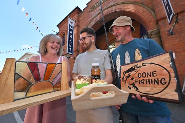 Ellesmere Market Hall that has had new investment , new people running it, new traders, and is now buzzing.   Three traders: Glass artist: Mary Gater, Steven Partridge (1221 Cafe), Eric Brown from Get Bites (Fishing).