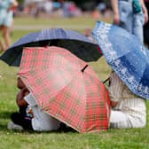 A family shelter under umbrellas