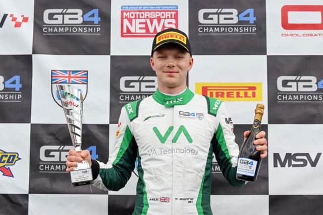 Shropshire’s Torrin Byrne on the podium at Donington Park. Pic: Jakob Ebrey/GB4 Championship