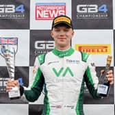 Shropshire’s Torrin Byrne on the podium at Donington Park. Pic: Jakob Ebrey/GB4 Championship