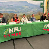 Pictured are panellists (L-R) Chair, Gary Yeomans NFU Cymru Rural Affairs Board Chair, Kirsty Hyslop NFU Mutual Vehicle Crime Specialist, Allan Rush Dyfed Powys Police Cyber Fraud Investigator, Dewi Owen North Wales Police Cyber Protect Officer, Garry Williams NFU Cymru Livestock farmer in Llandovery 