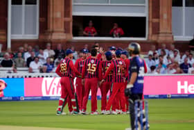 Manchester Super Giants players celebrate after taking the wicket of London Spirit’s James Rew during The Hundred men’s match at Lord’s