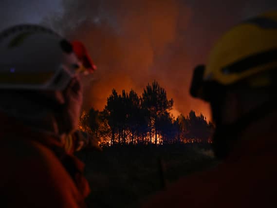 Firefighters battle a blaze outside Lanton, during wildfires in south-western France