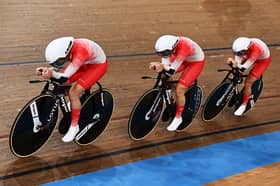 Left to right: Josie Knight, Sophie Lewis and Shrewsbury's Grace Lister of Team England compete during the Women's 4000m Team Pursuit Finals Bronze race (Photo by Quinn Rooney/Getty Images)