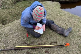 Scientist takes measurements of core from saltmarsh