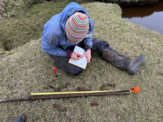 Scientist takes measurements of core from saltmarsh