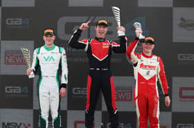 Torrin Byrne (left) celebrates his second-place finish in race three of the GB4 Championship at Silverstone. Picture: GB4 Championship/Jakob Ebrey