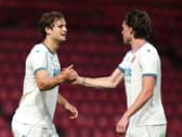 Aaron Pressley, left, celebrates scoring Walsall’s winner