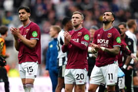 West Ham trio Konstantinos Mavropanos, Jarrod Bowen and Valentin Castellanos applaud the fans