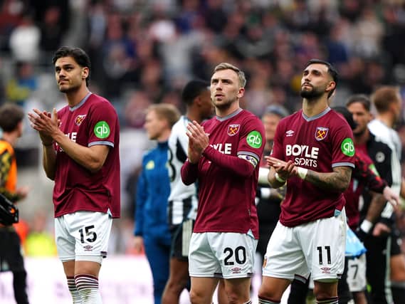 West Ham trio Konstantinos Mavropanos, Jarrod Bowen and Valentin Castellanos applaud the fans