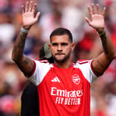 New Arsenal midfielder Bruno Guimaraes salutes fans at Emirates Stadium (John Walton/PA)