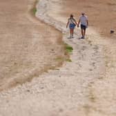 Two people walk along a path through a parched park