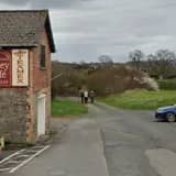 Access to the affordable home site at Caemawdy, Bronllys is down this track past the Honey Café. From Google Streetview.