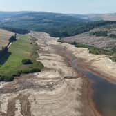 An aerial image of Clywedog Dam in Llanidloes.