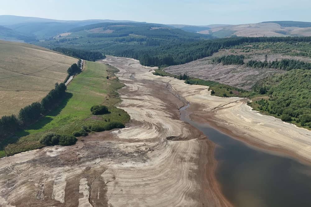An aerial image of Clywedog Dam in Llanidloes.