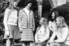 Four senior girls at Adcote Girls School meet their new head, Miss Mary Norman, as she takes up her post in September 1972.  From left: Susan Baker, head girl from Welshpool; Miss Norman; Heather Webb-Bowen from Stoke-on-Trent; Caril (sic) Milburn from Wolverhampton; and Susan Hackney from Leicestershire. 