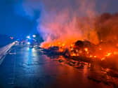 Firefighters tackling a large lorry blaze on the M54 near Cosford