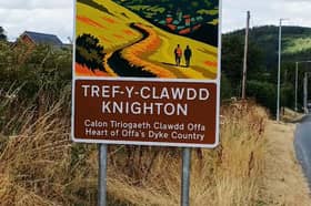 The new bright gateway signs that will greet people as they enter Knighton from any direction