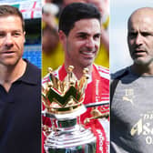 Composite image of Arsenal manager Mikel Arteta, centre, holding the Premier League trophy, flanked by Chelsea boss Xabi Alonso, left, and Manchester City's Enzo Maresca