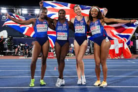 Dina Asher-Smith, Amy Hunt, Success Eduan and Imani-Lara Lansiquot, left to right, celebrate their relay title