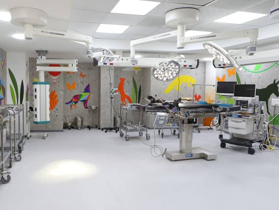 A view of an operating theatre, with bright images on the walls