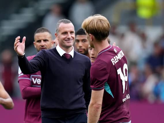 Burnley manager Nicky Hayen celebrates with Zian Flemming