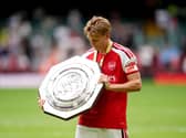 Arsenal’s Martin Odegaard holds the FA Community Shield