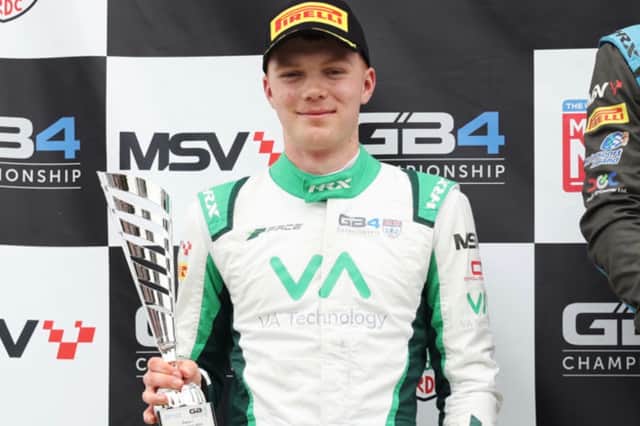 Shropshire’s Torrin Byrne on the podium at Snetterton Circuit. Picture: Jakob Ebrey Photography/GB4 Championship