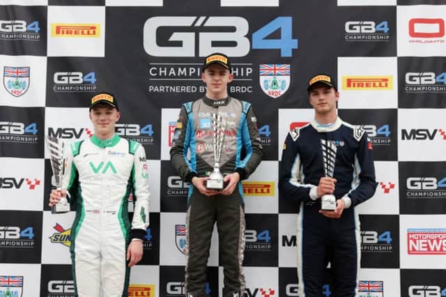 Shropshire’s Torrin Byrne (left) on the podium at Snetterton Circuit. Picture: Jakob Ebrey Photography/GB4 Championship