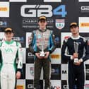 Shropshire’s Torrin Byrne (left) on the podium at Snetterton Circuit. Picture: Jakob Ebrey Photography/GB4 Championship