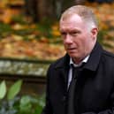 Former Manchester United player Paul Scholes leaves Manchester Cathedral following the funeral service for Sir Bobby Charlton