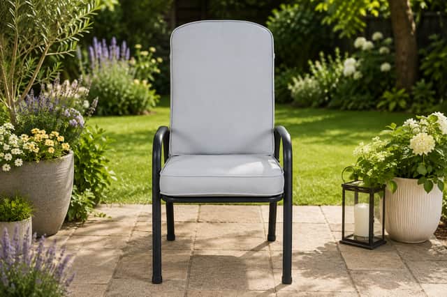 The Casima armchair has a curved design and padded cushion, creating a comfortable spot to relax.