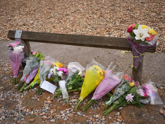 Floral tributes on the beach at Shoreham